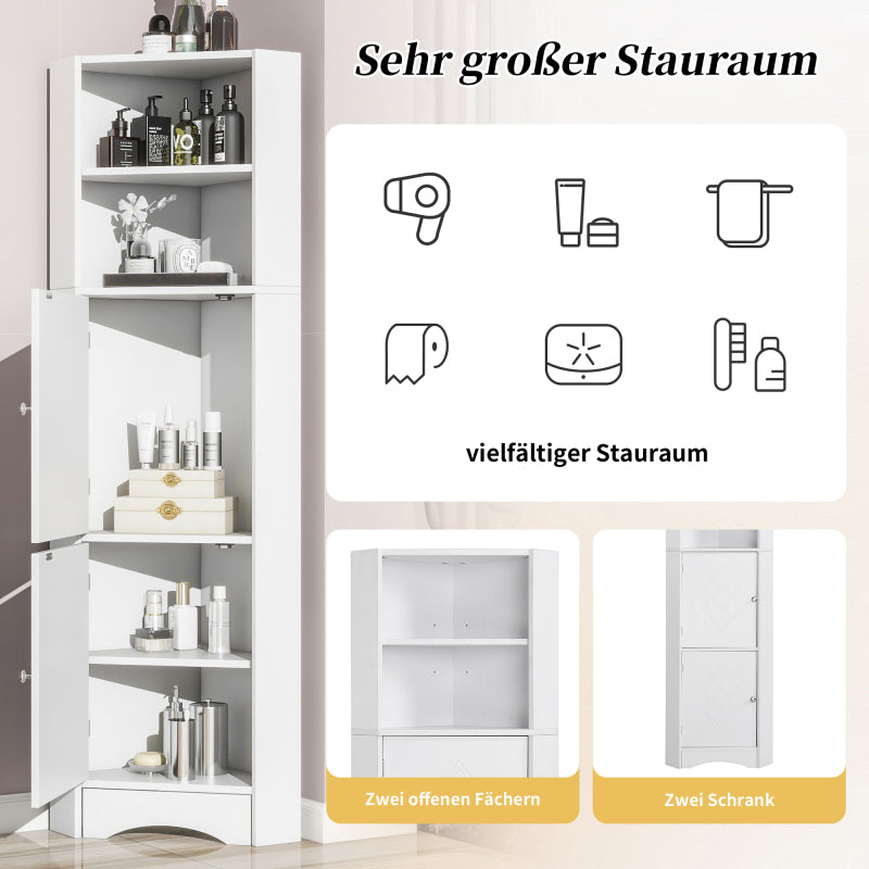 Badschrank, Badmöbel, Eckschrank mit zwei Ablagefächern, offenes Fach mit verstellbarem Einlegeboden,36.5 x 36.5 x 155 cm, weiß