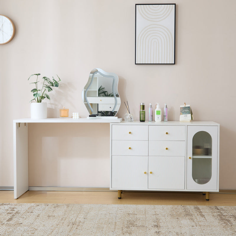 Schminktisch, Kosmetiktisch-Set mit Spiegel und Beleuchtung, ausziehbare Tischplatte, links-rechts wechselbar, 3-farbige LED-Beleuchtung, Maße: B100/H74.5/T40 cm (ohne Hocker)