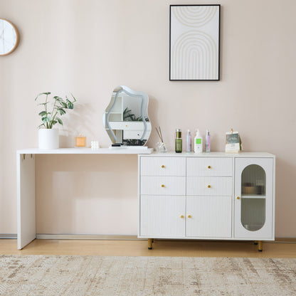 Schminktisch, Kosmetiktisch-Set mit Spiegel und Beleuchtung, ausziehbare Tischplatte, links-rechts wechselbar, 3-farbige LED-Beleuchtung, Maße: B100/H74.5/T40 cm (ohne Hocker)