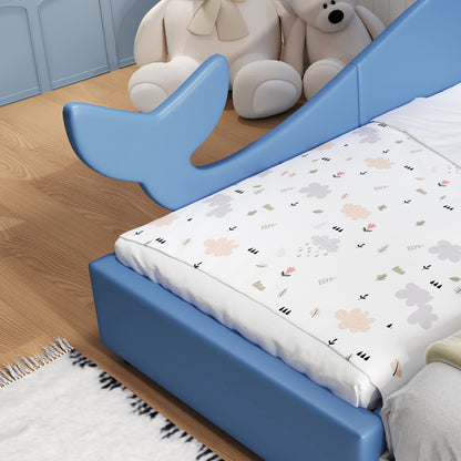 Kinder-Spleißbett, Polsterbett, Tagesbett, Walförmiges Design, Schlafsofa mit Metallbettgestell, 2 Schubladen auf Rollen, PU+MDF+Sperrholz, Blau, 90x200cm