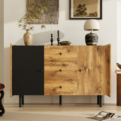 120 cm Schwarzer und Holzfarbener Sideboard - Moderner Stil, Zwei Türen und Drei Schubladen