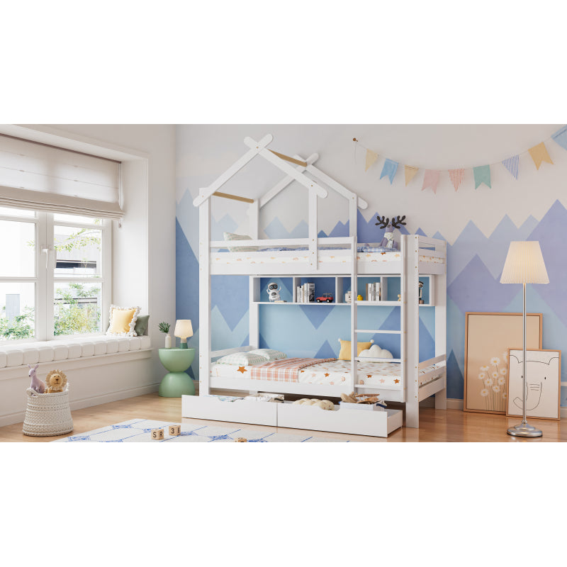 Etagenbett mit Schubladen und Regalen, Hausbett mit dreistufige rechtwinklige Leiter, Kinderbett mit Fallschutz und Gitter, Rahmen aus Kieferholz, Weiß (90x200cm)