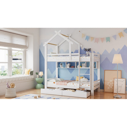 Etagenbett mit Schubladen und Regalen, Hausbett mit dreistufige rechtwinklige Leiter, Kinderbett mit Fallschutz und Gitter, Rahmen aus Kieferholz, Weiß (90x200cm)