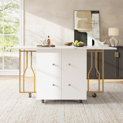 Tragbarer Esstisch, klappbare Tischplatte, marmorierte Tischplatte, geeignet für Esszimmer, Wohnzimmer, verstellbare Trennwände, große Ablagefächer, 6 Rollen (2 feststellbar), goldene Tischbeine