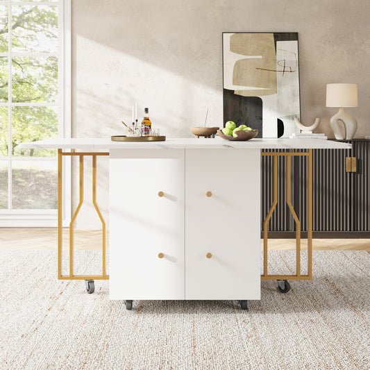 Tragbarer Esstisch, klappbare Tischplatte, marmorierte Tischplatte, geeignet für Esszimmer, Wohnzimmer, verstellbare Trennwände, große Ablagefächer, 6 Rollen (2 feststellbar), goldene Tischbeine