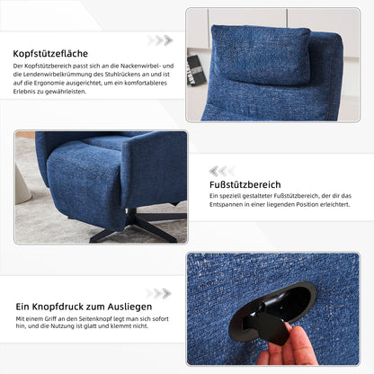 Bequemer Relaxsessel mit Liegefunktion – Chenille Fernsehsessel mit Fußstütze, drehbarer Stillsessel & Loungesessel für Wohnzimmer, modernes Sofa, Blau