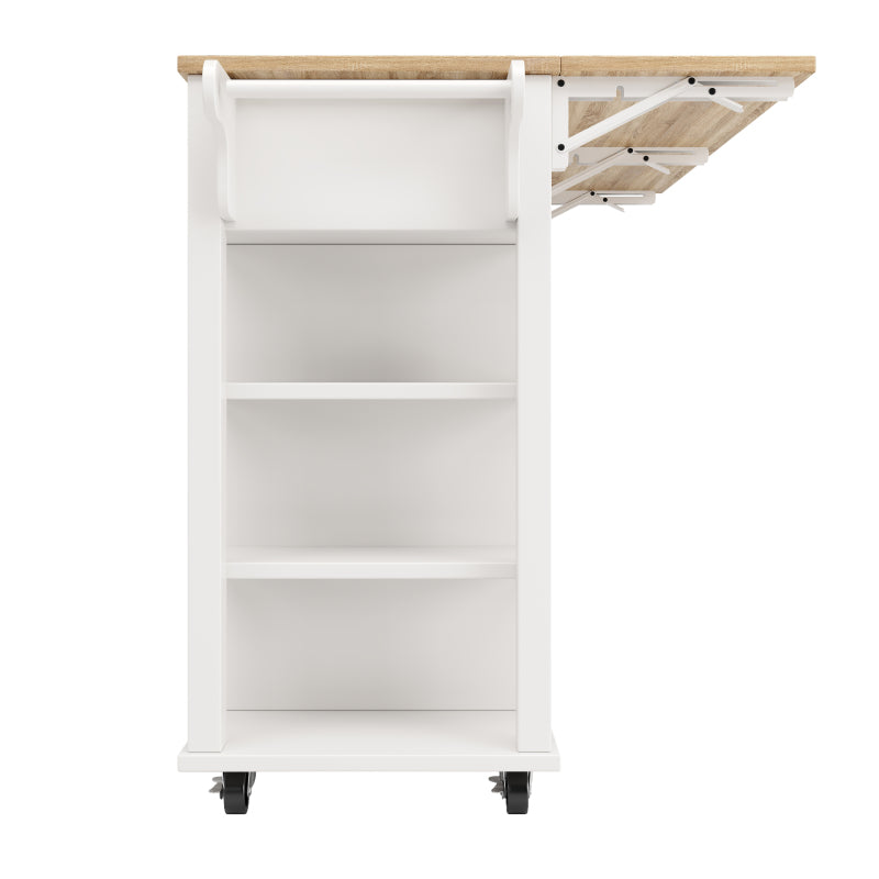 Kücheninsel mit herausnehmbaren Trennwänden, Speisewagen mit Arbeitsplatte, Buffetschrank, Speisewagen mit Holzmaserung, Handtuchhalter beidseitig mit Rollen, weiß