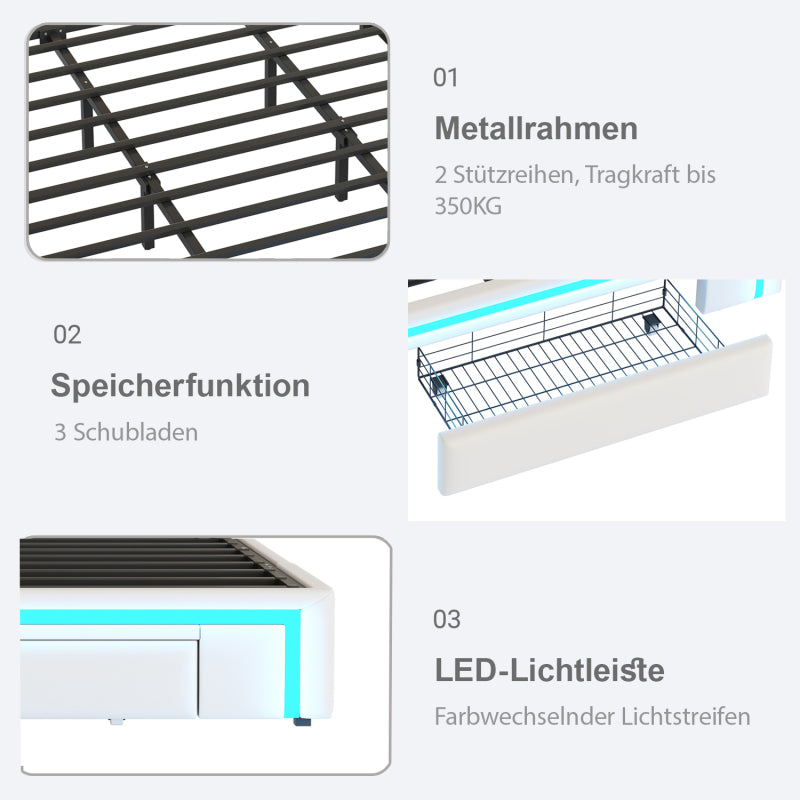 Bettgestell 180X200 mit Schubladen, PU-Leder Bett ohne Kopfteil Mit LED-Lichtleiste, MetalllattenPlattformbett für moderne Schlafzimmer Beige