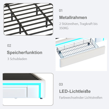 Bettgestell 180X200 mit Schubladen, PU-Leder Bett ohne Kopfteil Mit LED-Lichtleiste, MetalllattenPlattformbett für moderne Schlafzimmer Beige