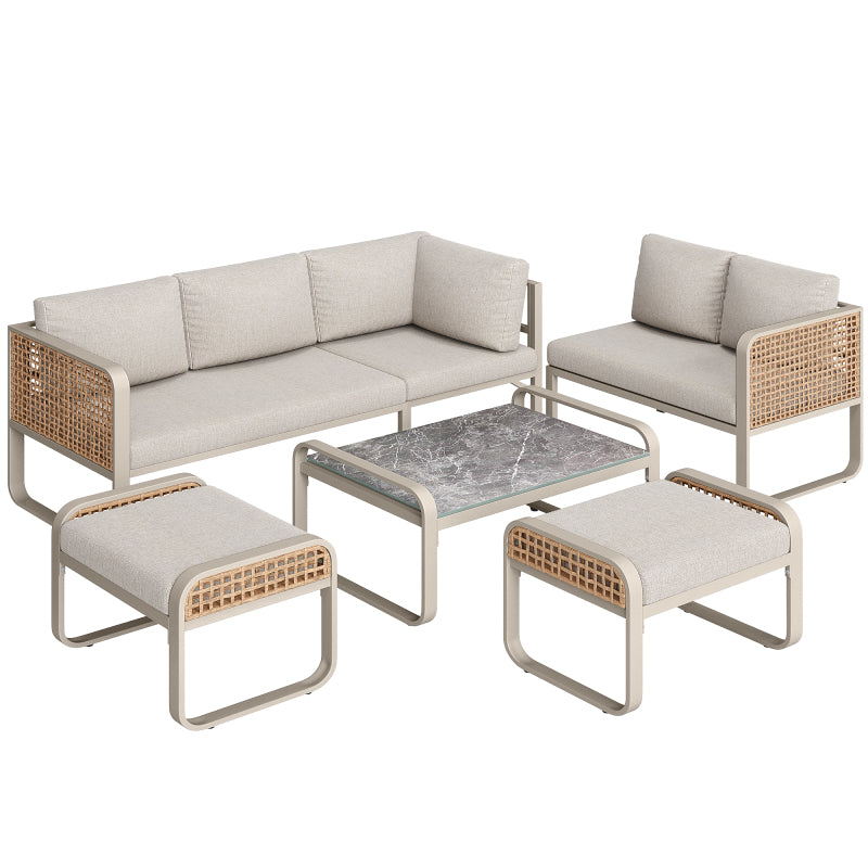 Garten-Lounge-Set, Rattan-Möbel-Set für 6-7 Personen, Ecksofa mit verzinktem Eisengestell, verstellbare Beine, inklusive aller Sitz- und Rückenkissen, beige