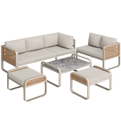 Garten-Lounge-Set, Rattan-Möbel-Set für 6-7 Personen, Ecksofa mit verzinktem Eisengestell, verstellbare Beine, inklusive aller Sitz- und Rückenkissen, beige