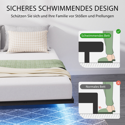 Schwebebett 140x200 Schwarz, Metallbett mit RGB LED (App & Musik Sync), Ladestation (USB/Typ-C), Schwebeoptik