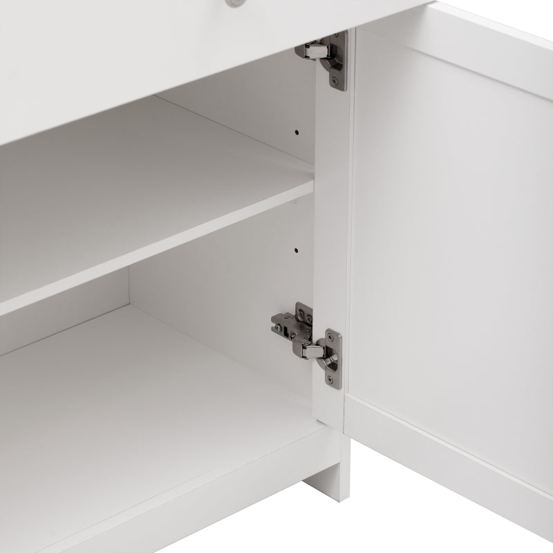 Sideboard mit weißer Holzmaserung, vier Türen, mit drei Schubladen, Wohnzimmer, Esszimmer. Holzfarbe und Weiß