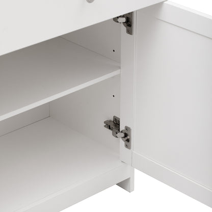 Sideboard mit weißer Holzmaserung, vier Türen, mit drei Schubladen, Wohnzimmer, Esszimmer. Holzfarbe und Weiß