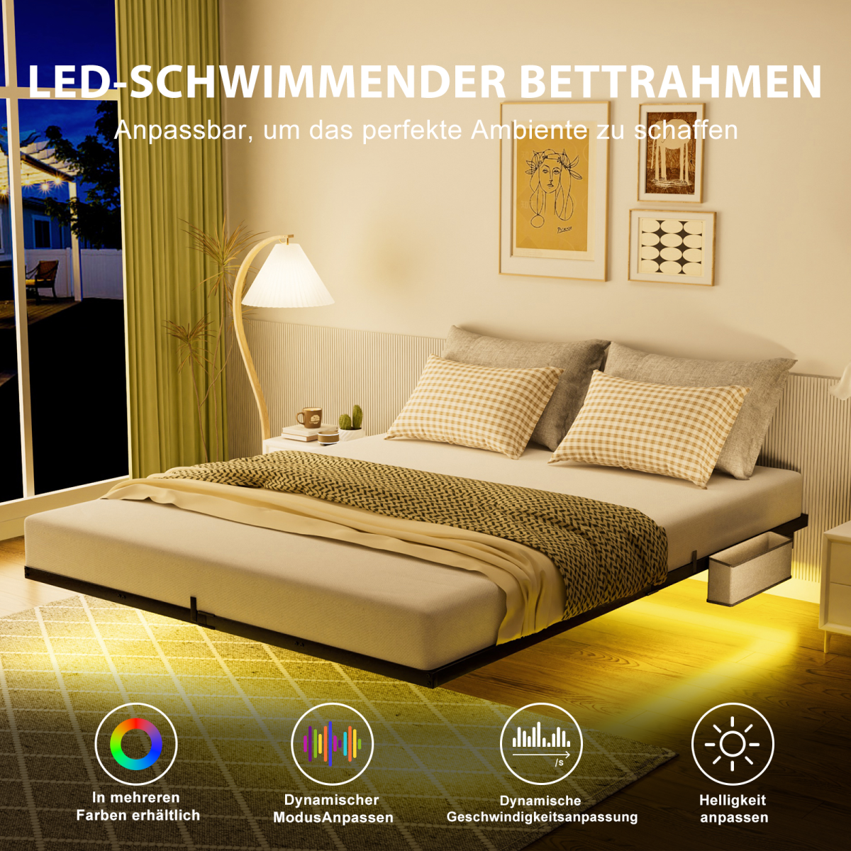 Schwebebett 140x200 Schwarz, Metallbett mit RGB LED (App & Musik Sync), Ladestation (USB/Typ-C), Schwebeoptik