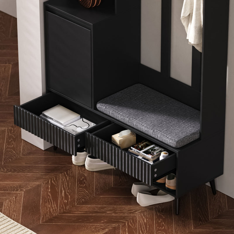 Garderoben-set, Wandgarderobe, Flurgarderobe Set mit Schuhbank, Schwarz,100 Lx35Bx180H cm