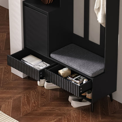 Garderoben-set, Wandgarderobe, Flurgarderobe Set mit Schuhbank, Schwarz,100 Lx35Bx180H cm