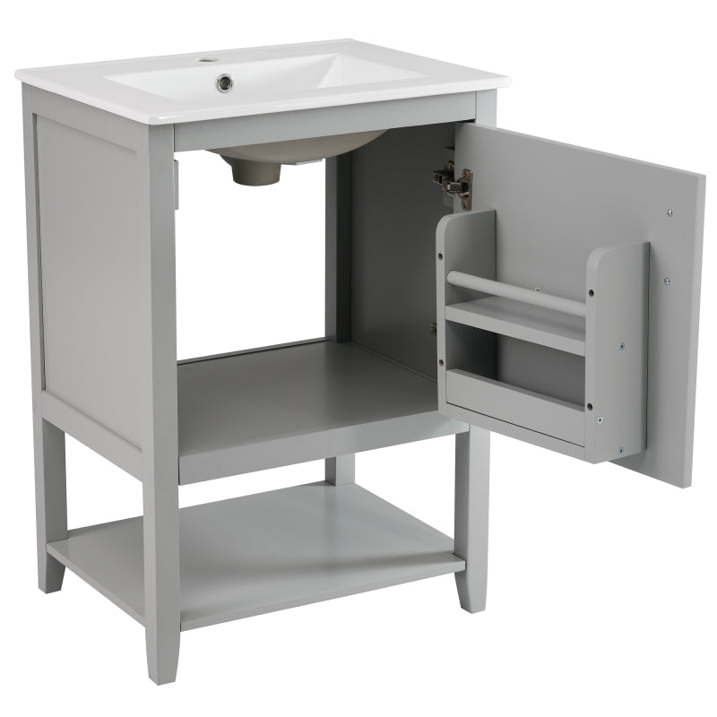 Badmöbel Einzelwaschtisch,Waschtischunterschrank 60 cm mit Keramikwaschbecken,mit Ablage,hellgrau