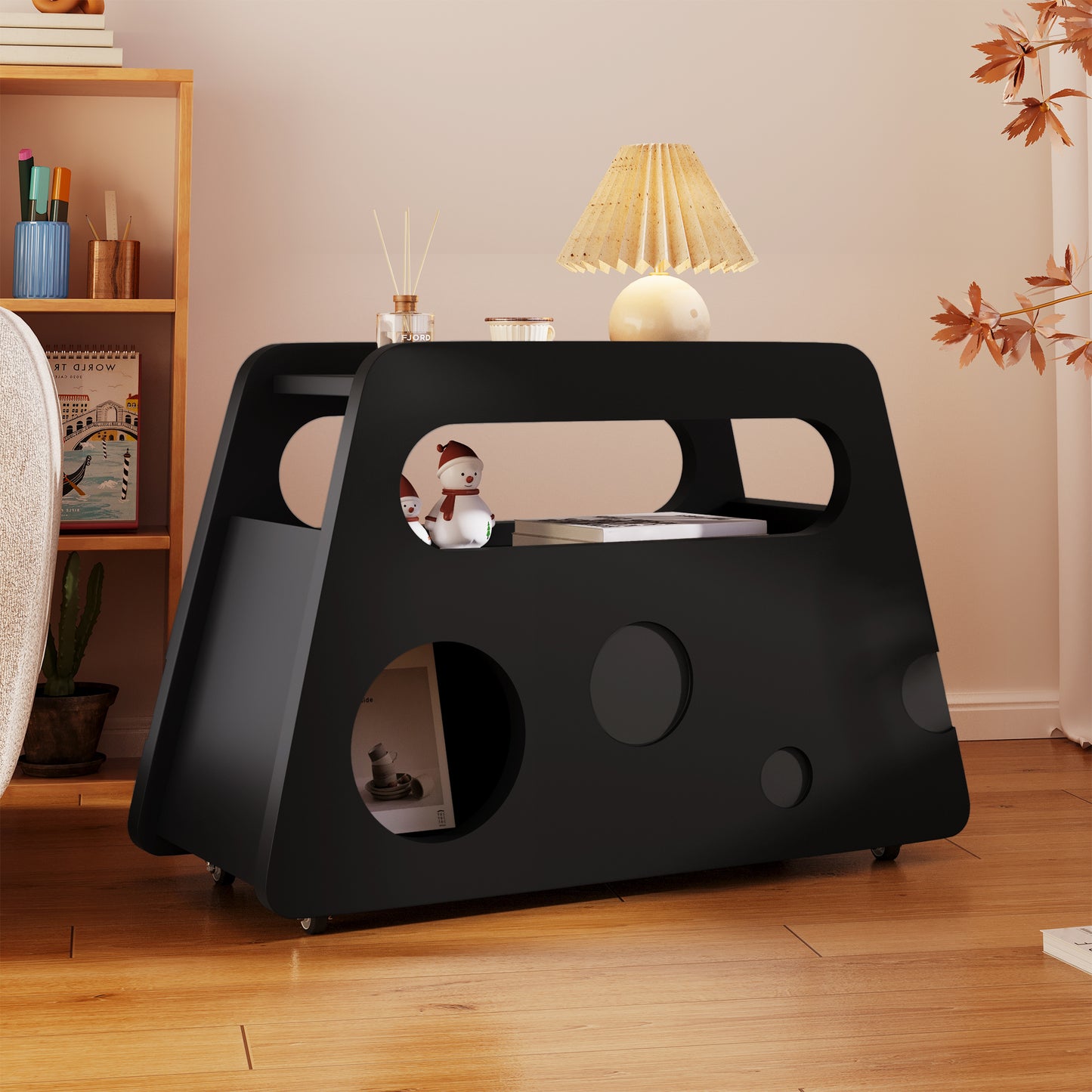 Moderner Beistelltisch mit Rollen, platzsparend, ideal für Wohnzimmer und Schlafzimmer, schwarz