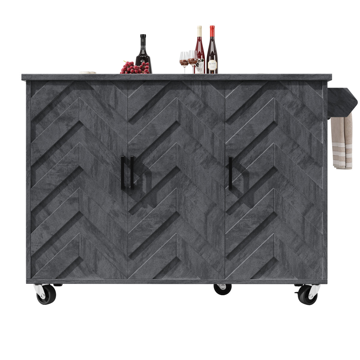 Mobile Kücheninsel 118x75cm Klappbar Servicewagen Grau mit Rollen, 3 Türen, 3 Schubladen & 3D-Wellenmuster Design, Küchenwagen