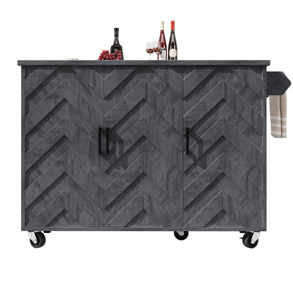 Mobile Kücheninsel 118x75cm Klappbar Servicewagen Grau mit Rollen, 3 Türen, 3 Schubladen & 3D-Wellenmuster Design, Küchenwagen