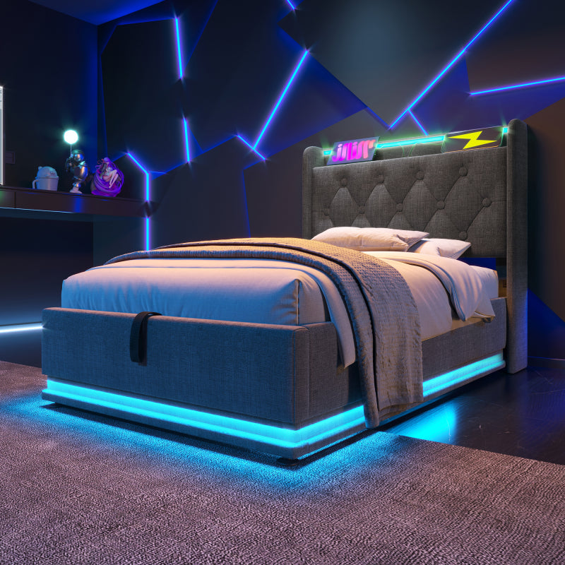 Polsterbett einzelbett,360-Surround-LED-Funktion, Drucktaste/App/Fernbedienung,90*200 cm, Grau Leinen-Material Hydraulisches Lagerbett, gepolstertes Kopfteil mit USB Typ-C Ladefunktion (Ohne Matratze)