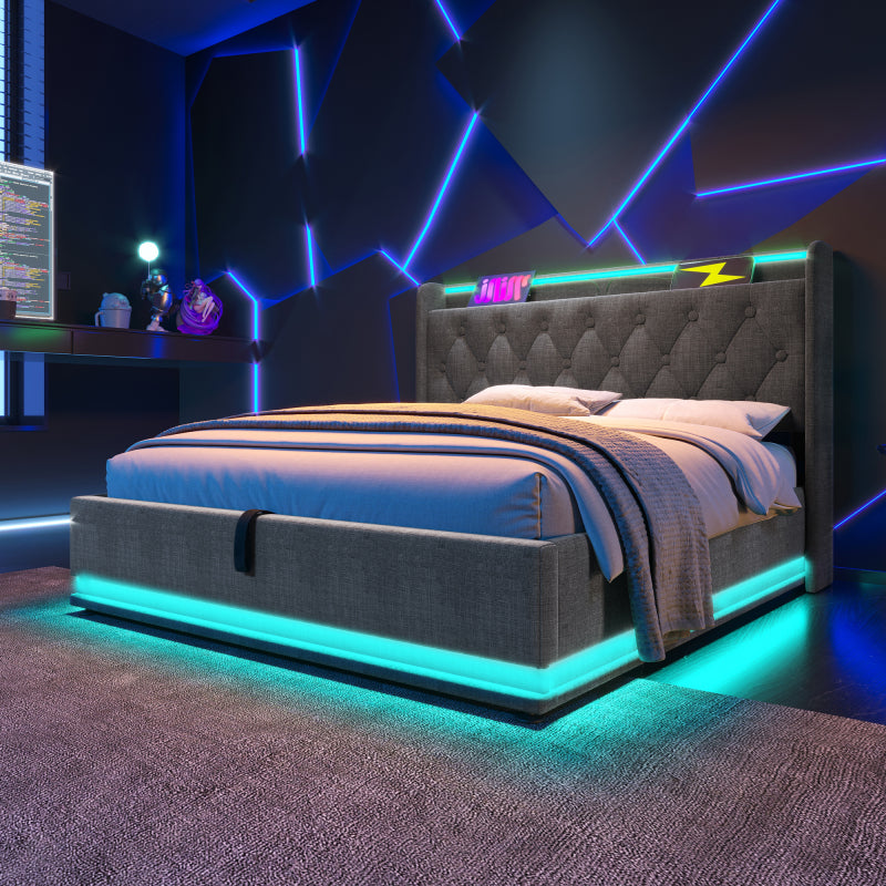 Polsterbett Doppelbett, 360-Surround-LED-Funktion, Drucktaste/App/Fernbedienung,160*200 cm,Grau Leinen-Material Hydraulisches Lagerbett, gepolstertes Kopfteil mit USB Typ-C Ladefunktion(Mit Matratze)