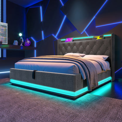 Polsterbett Doppelbett, 360-Surround-LED-Funktion, Drucktaste/App/Fernbedienung,160*200 cm,Grau Leinen-Material Hydraulisches Lagerbett, gepolstertes Kopfteil mit USB Typ-C Ladefunktion(Mit Matratze)