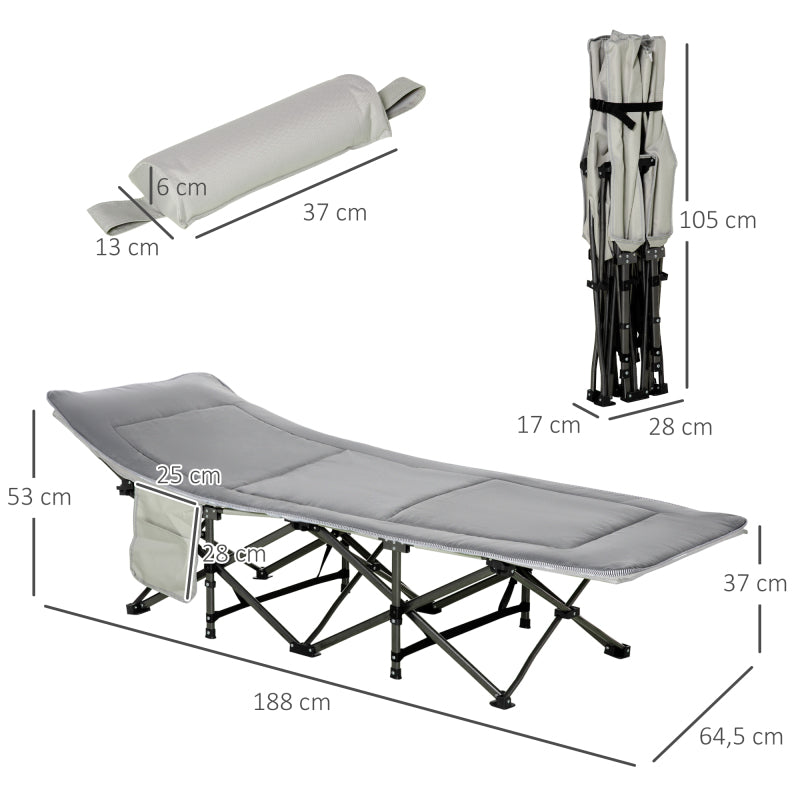 Campingbett Klappbares Feldbett mit Kopfkissen und Seitentasche, Matratze in Hellgrau, belastbar bis 150kg