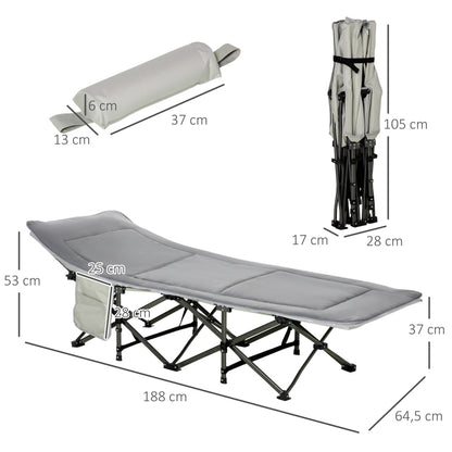 Campingbett Klappbares Feldbett mit Kopfkissen und Seitentasche, Matratze in Hellgrau, belastbar bis 150kg