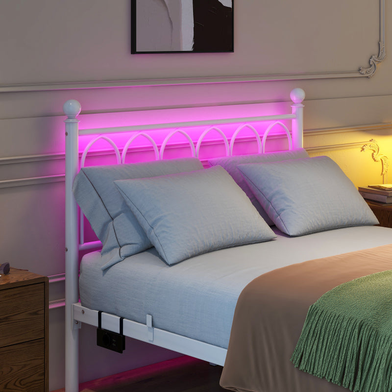 120x200cm Metall-Bettrahmen mit Vintage Kopf und Fußplatte, USB-Ladestation, LED-Bettrahmen, Heavy Duty Stahl Slat Unterstützung, Reichweite Unterbett-Speicher, Keine Box-Feder erforderlich, Weiß