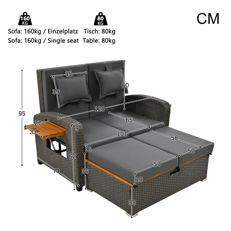 Garten-Lounge-Sessel-Set für 2 Personen, graues Rattan, verstellbare Rückenlehne, Stützfuß, mit Fußhocker oder als Outdoor-Bett nutzbar, mit Rückenkissen und Sitzkissen (previous sku:HW24020AAA)