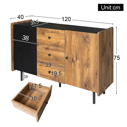 120 cm Schwarzer und Holzfarbener Sideboard - Moderner Stil, Zwei Türen und Drei Schubladen