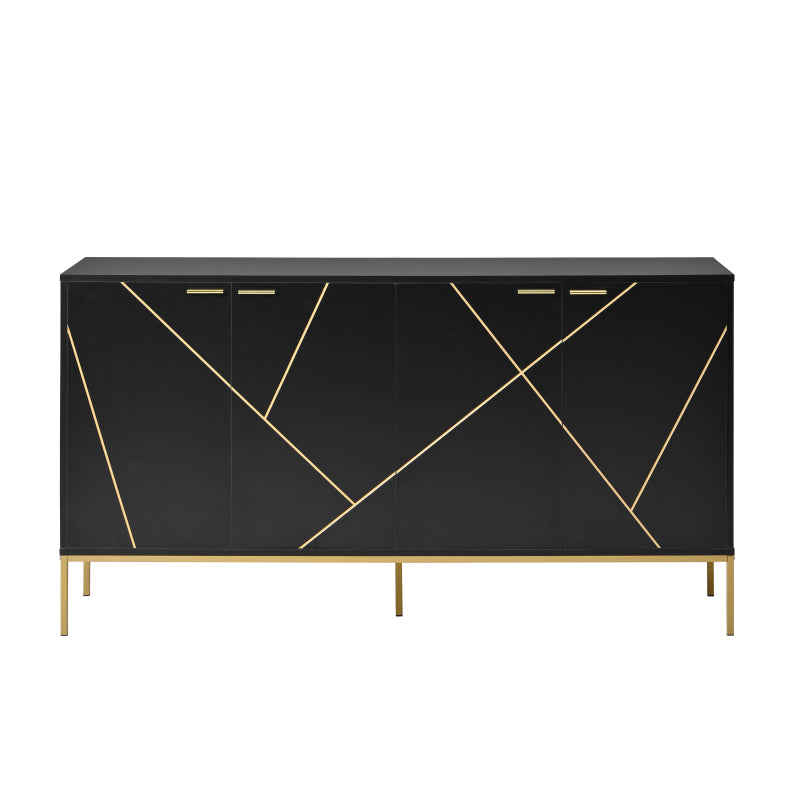 Sideboard mit vier Türen, Metallfüßen, TV-Schrank, Kleiderschrank,  geradliniges Design mit Metalllinien-Dekor, Schwarz+Golden