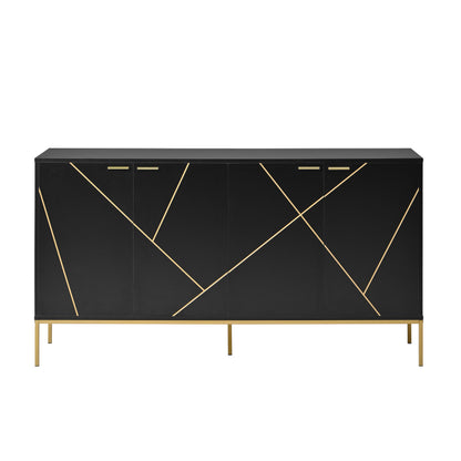 Sideboard mit vier Türen, Metallfüßen, TV-Schrank, Kleiderschrank,  geradliniges Design mit Metalllinien-Dekor, Schwarz+Golden