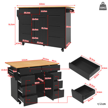 Moderne Kücheninsel, Küchenschrank, Ausziehbarer Küchenwagen mit Rollen und Arbeitsplatte, Servierwagen mit Gewürzregal und 8 Schubladen, Schwarz