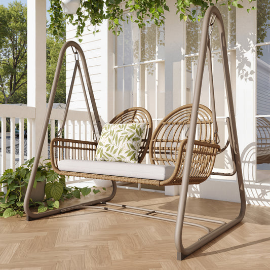 Gartenschaukel, Hollywoodschaukel mit Rückenlehne, Gartenmöbel-Set für den Außenbereich,Doppelschaukel aus PE-Rattan, 2 Sitze, Brauner Sitzrahmen und beiges Kissen