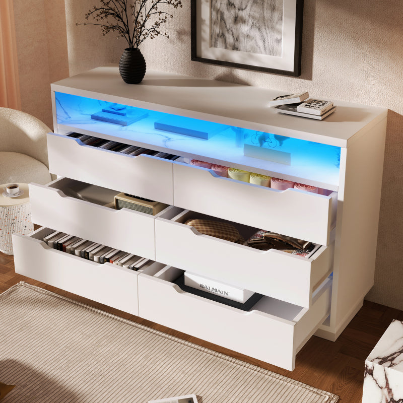 Sideboard, Kommode mit LED-Beleuchtung und 6 Schubladen, Staufach mit Marmorkorn, Moderner Schrank für Wohnzimmer und Schlafzimmer, 120x40x85cm, Weiß