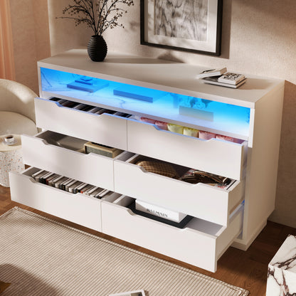 Sideboard, Kommode mit LED-Beleuchtung und 6 Schubladen, Staufach mit Marmorkorn, Moderner Schrank für Wohnzimmer und Schlafzimmer, 120x40x85cm, Weiß