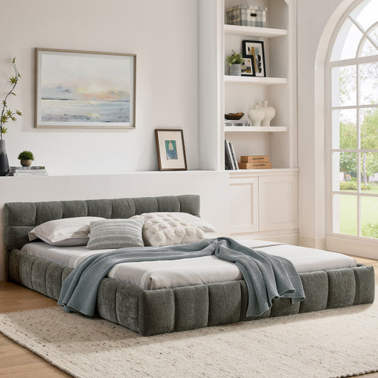 Doppelbett 160x200 cm mit Chenille Bezug Eukalyptusholz Eisenrahmen Dark Gray (ohne Matratze)