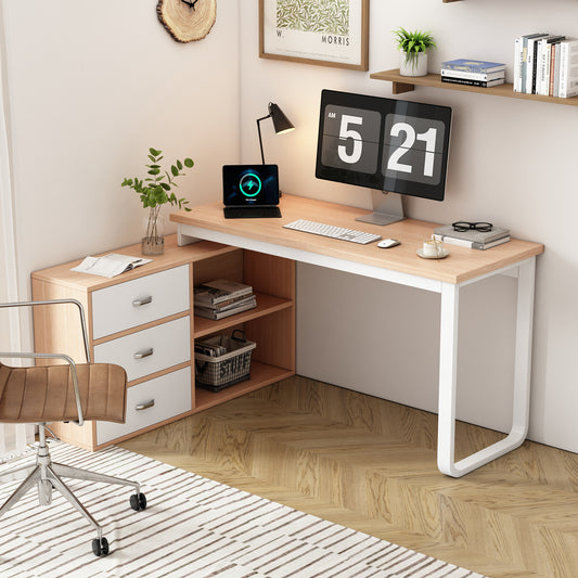 Schlichter Schreibtisch, Büro Schreibtisch, drei Schubladen, zwei offene Ablagefächer, stabile Tragfähigkeit, natur