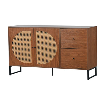 Sideboard mit 2 Rattan verzierten Türen und 2 Schubladen Kommode Küchenschrank, Mehrzweckschrank, Highboard mit Metallgriffe, für Schlafzimmer & Wohnräume & Büro