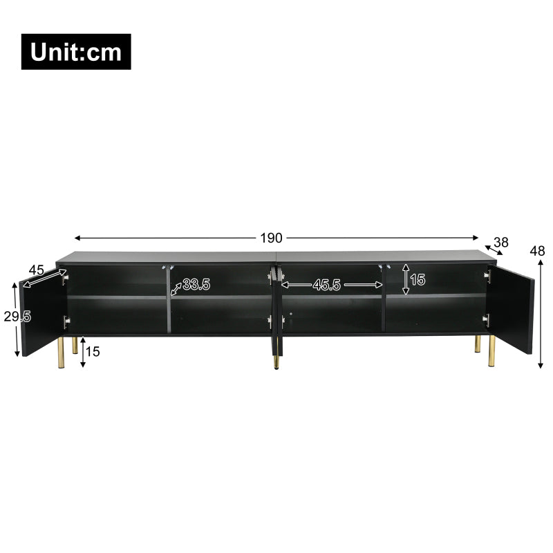 Schwarzes TV-Schrank, 190 cm(L) x 38 cm(W) x 48 cm(H), goldene Tischbeine