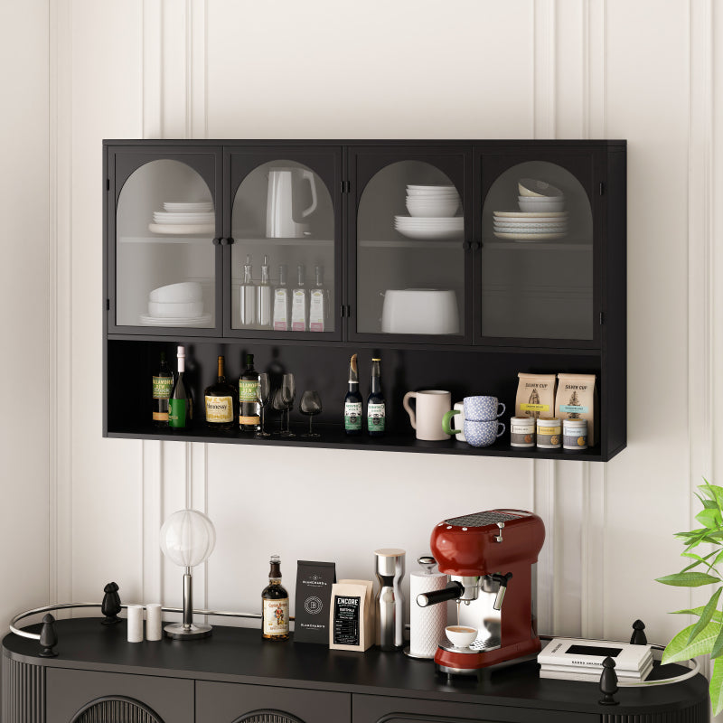 120CM Four-door Glass Wall Cabinet Storage, Wall-mounted,Suitable for Kitchen, Living Room, Bathroom(Black)