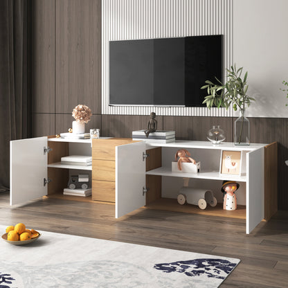 TV-Schrank, niedriges Paneel in Weiß und Holzfarben, TV-Möbel, die an die Wand gehängt oder auf den Boden gestellt werden können