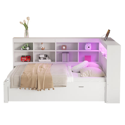 Massivholz-Doppelbett 140x200 Weiß mit LED & USB - Multifunktionales Sofa-Bett mit großen Schubladen, Ablagefächern & viel Stauraum, Weiß