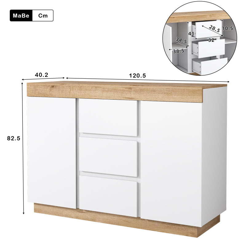 Kommode mit 3 Schubladen und 2 Türen, Schließfach,Funktion von Aufbewahrung, für Schlafzimmer und Wohnzimmer, E1-Spanplatte, weiß+oak