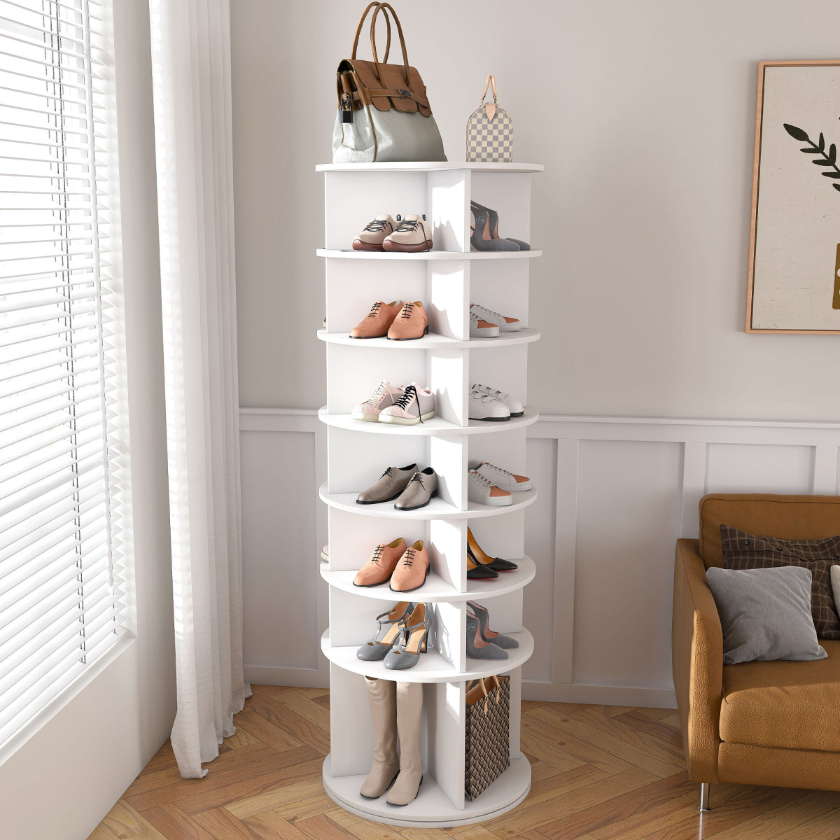 Drehbares Schuhregal 6 Etagen, 360°, Stiefelfach, 24 Paar, Weiß, 161 cm hoch