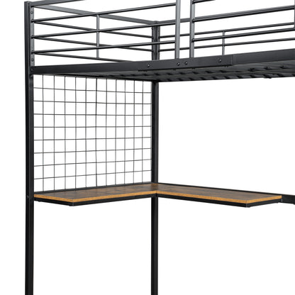 Eisenbett, Etagenbett, Hochbett, Geeignet für Kinder und Jugendliche, mit Tisch und Kleiderschrank, Seitenleiter mit Handlauf, Eisen+Spanplatte, Schwarz+dunkle Holzfarbe, 90x200cm