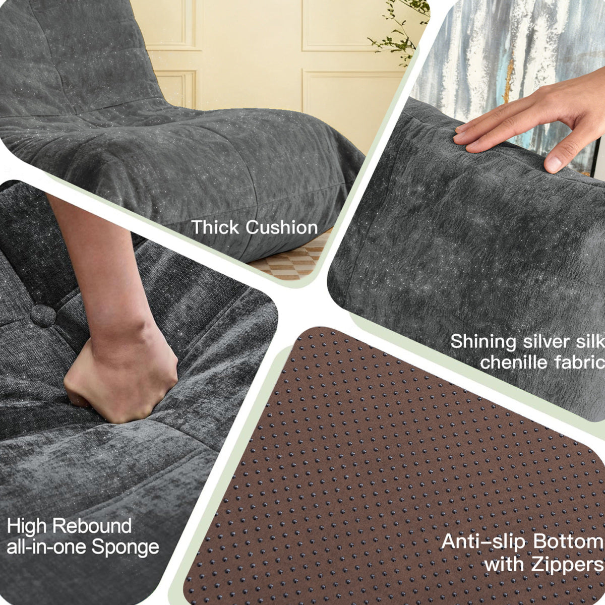 Ergonomischer Sitzsack Sessel mit 5-Zonen-Körperunterstützung, Bean Bag Chair aus Chenille-Stoff, Grau
